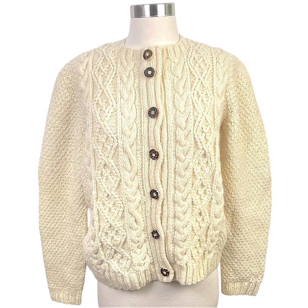 Vintage Hand Knit Cream Wool Fisherman’s Cardigan Sweater W/Hand Carved‎ Buttons